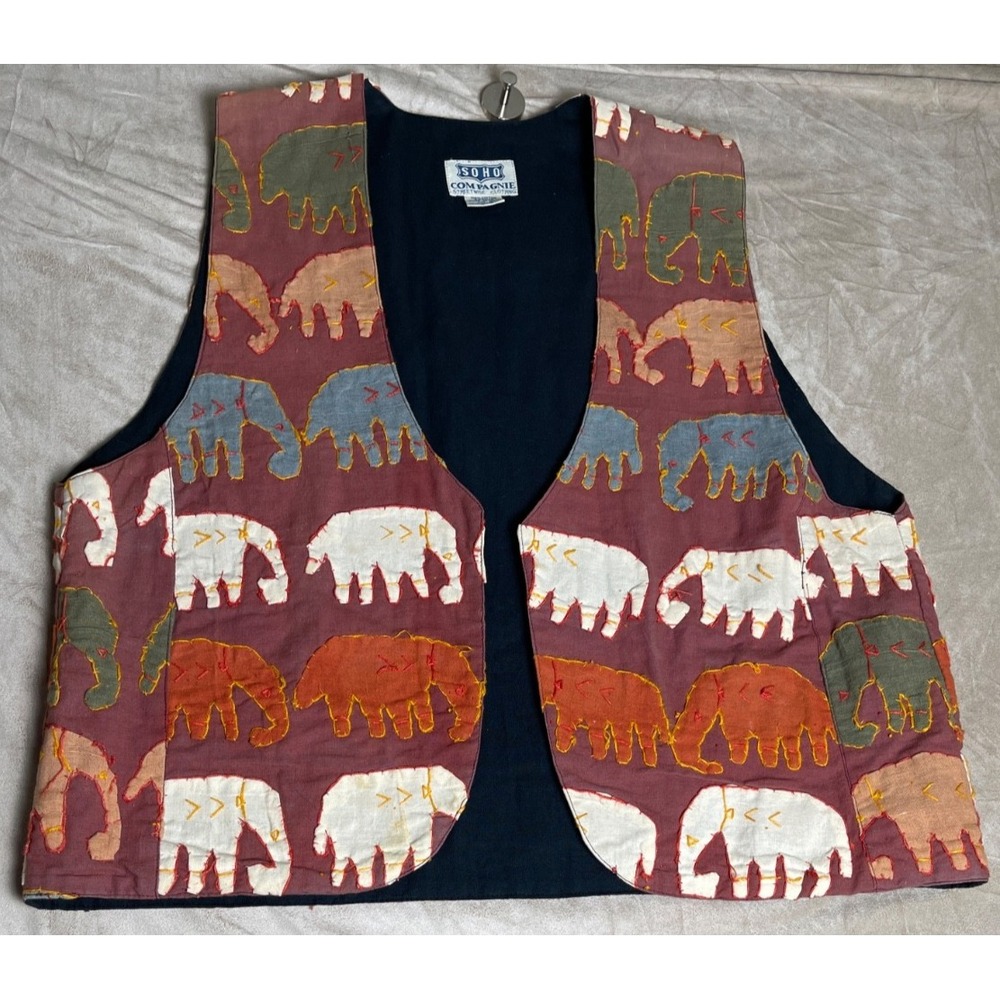 Vintage 90s Soho Compagnie Elephant Vest Patchwork Embroidered Boho Cottagecore